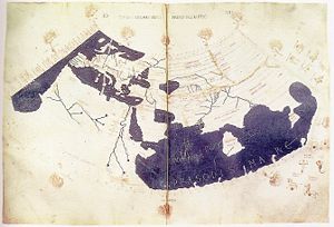 La carte du monde de Ptol�m�e, reconstitu�e � partir de sa G�ographie (vers 150), indique les pays de Serica, Sinae (Chine) � l�extr�me droite, au-del� de l��le de Taprobane (Sri Lanka, trop grande) et l�Aurea Chersonesus (Asie du Sud-Est)