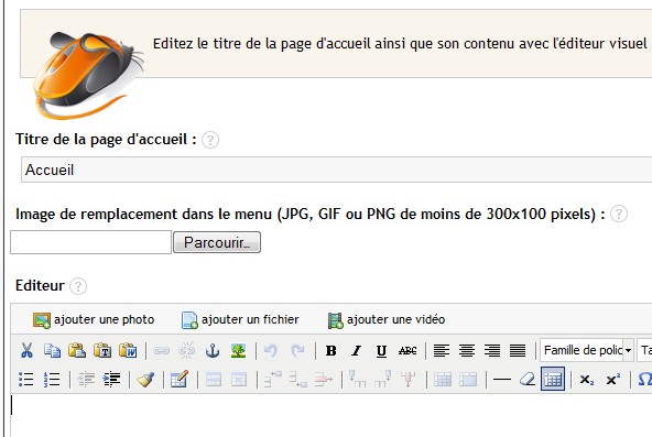 Le formulaire d'édition de la page d'accueil