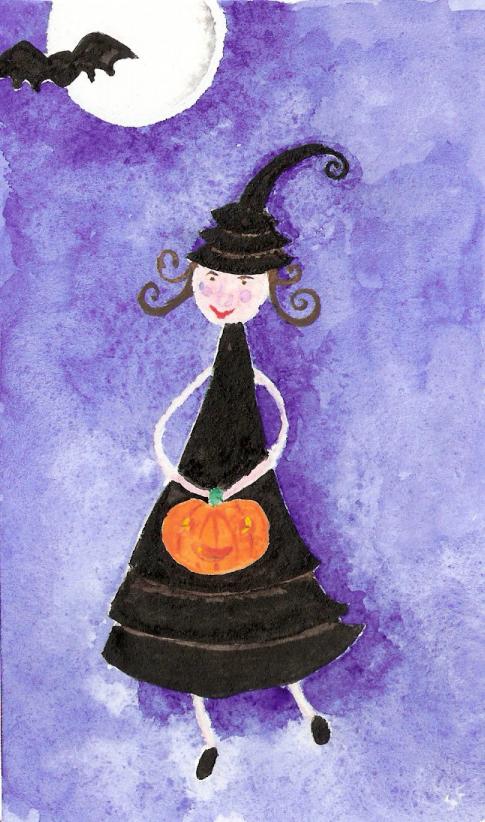 Petite sorci�re d halloween Aquarelle