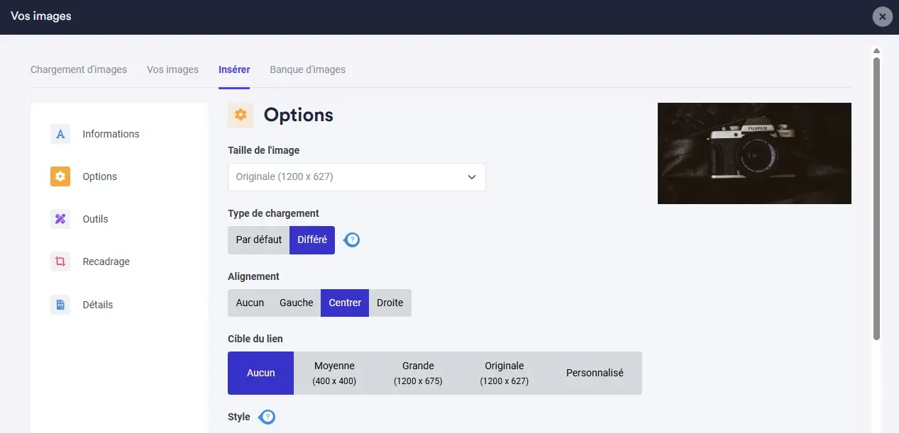 Ajouter une image dans une page les options