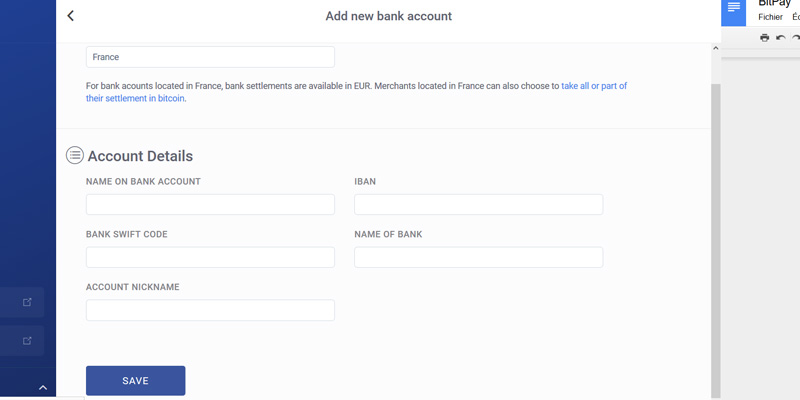 Bitpay ajout compte bancaire