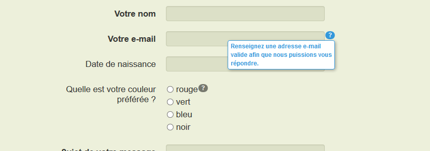 Des bulles d'aide sur les champs d'un formulaire de contact
