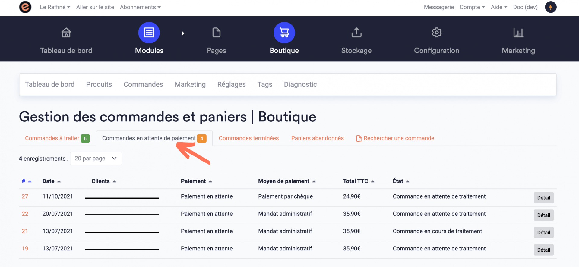 Commandes en attente de paiement e commerce