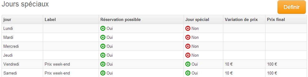 Definir les jours spéciaux