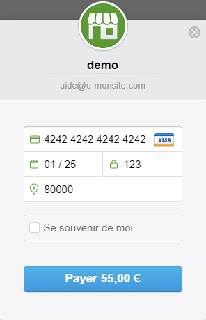 Exemple d'affichage sur site pour le paiement via Stripe (Popup)