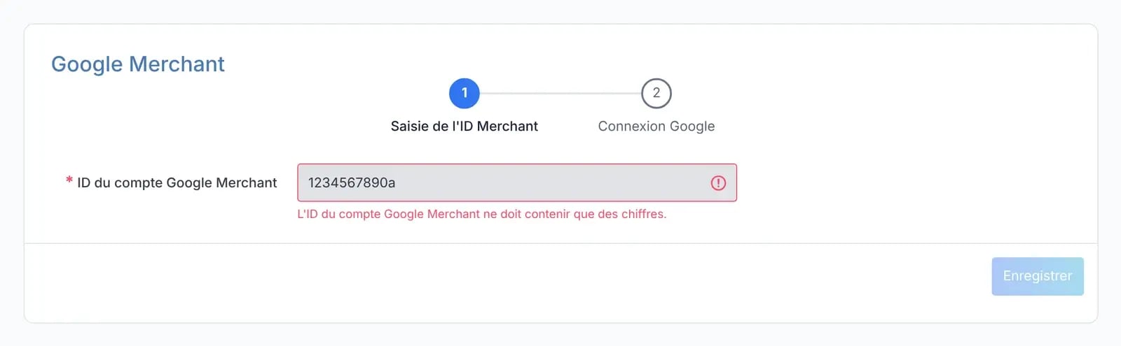 Champ ID du compte Google Merchant en erreur, avec le message : L'ID du compte Google Merchant ne doit contenir que des chiffres.