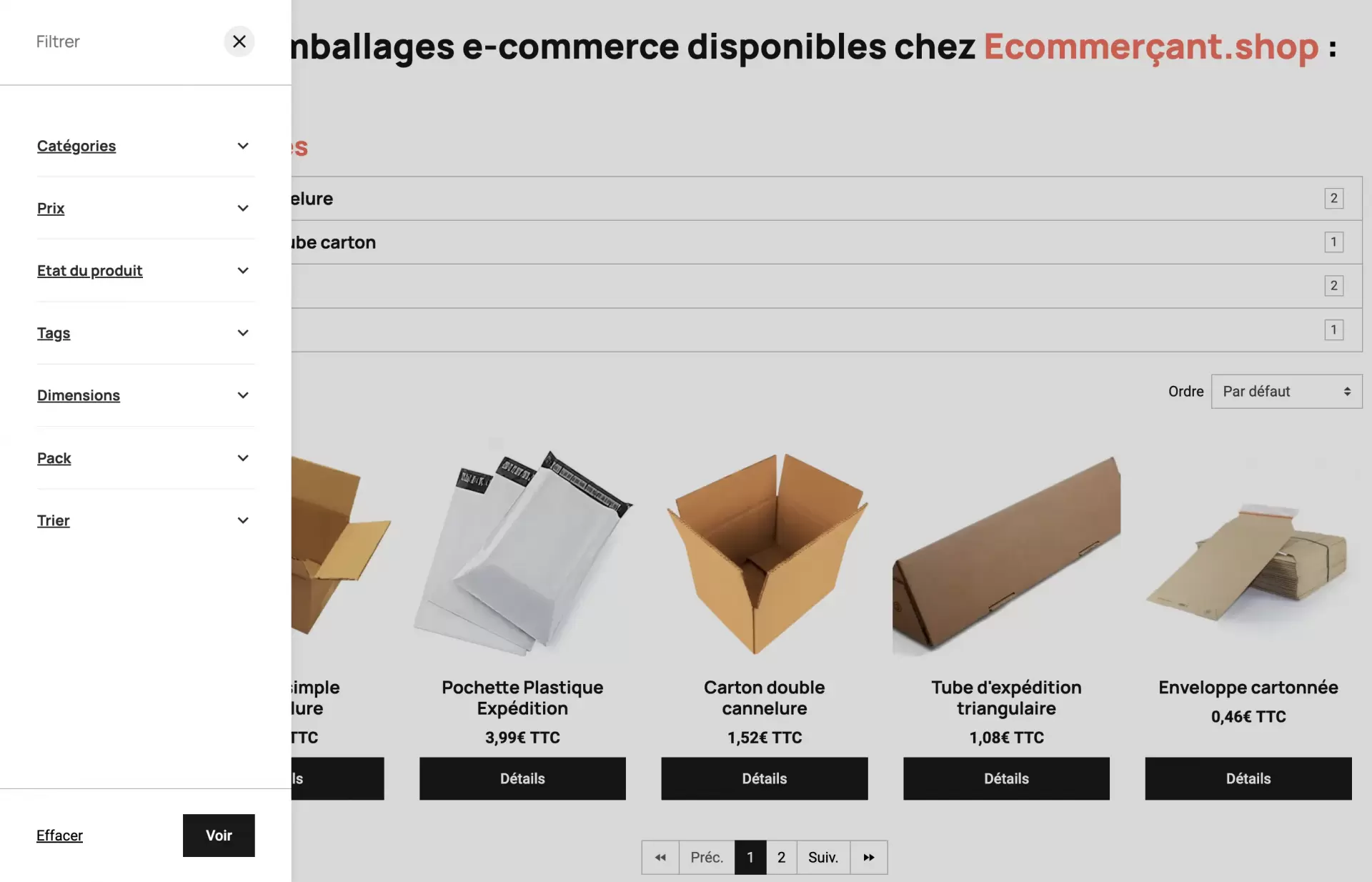 Filtre facette page produits