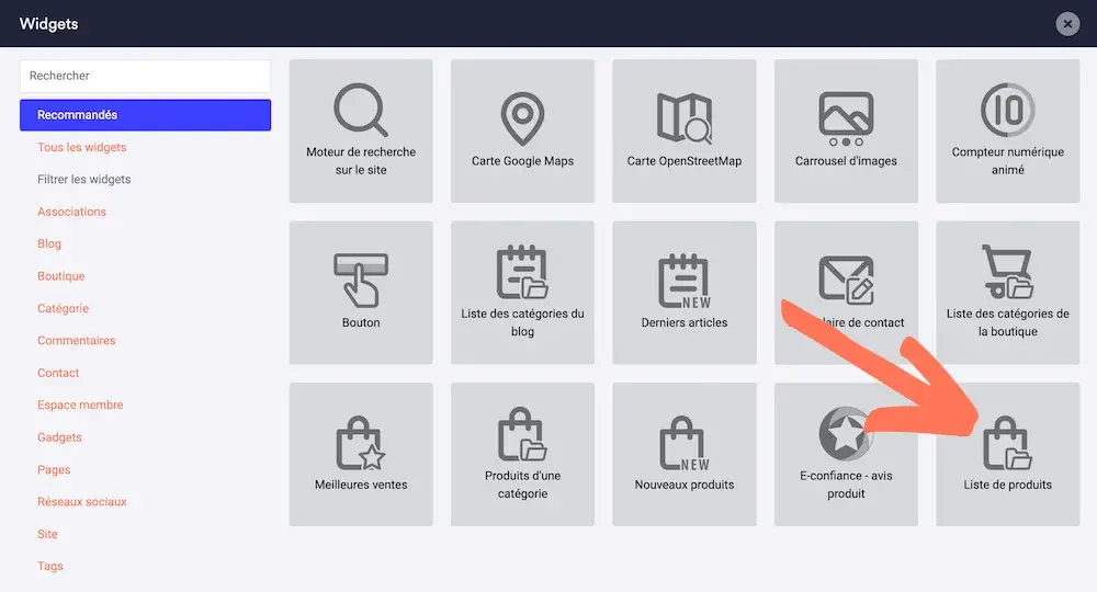 Fonctionnalite liste de produits widgets