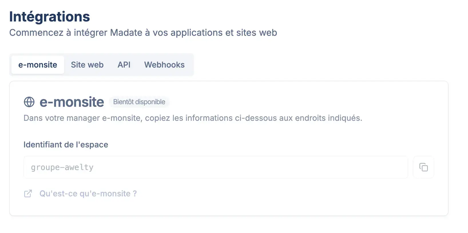 Identifiant integration madate e monsite