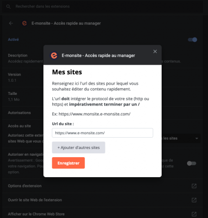 Installer extension google chrome e monsite