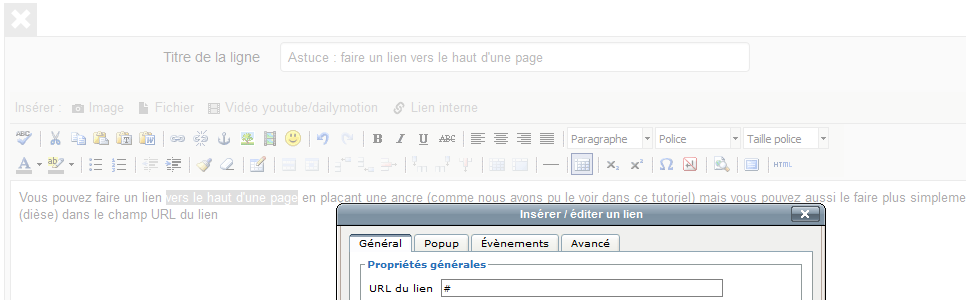 Faire un lien vers le haut de page