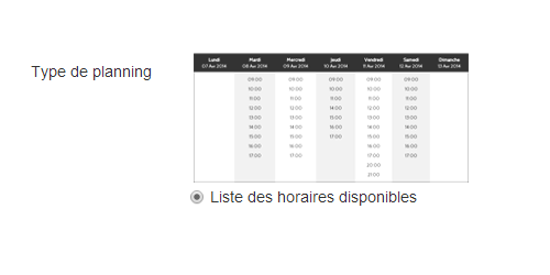 Liste des horaires disponibles