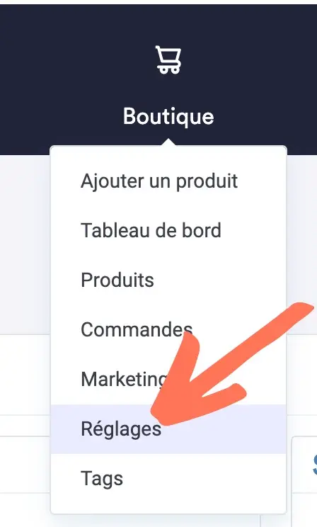 Menu boutique reglages