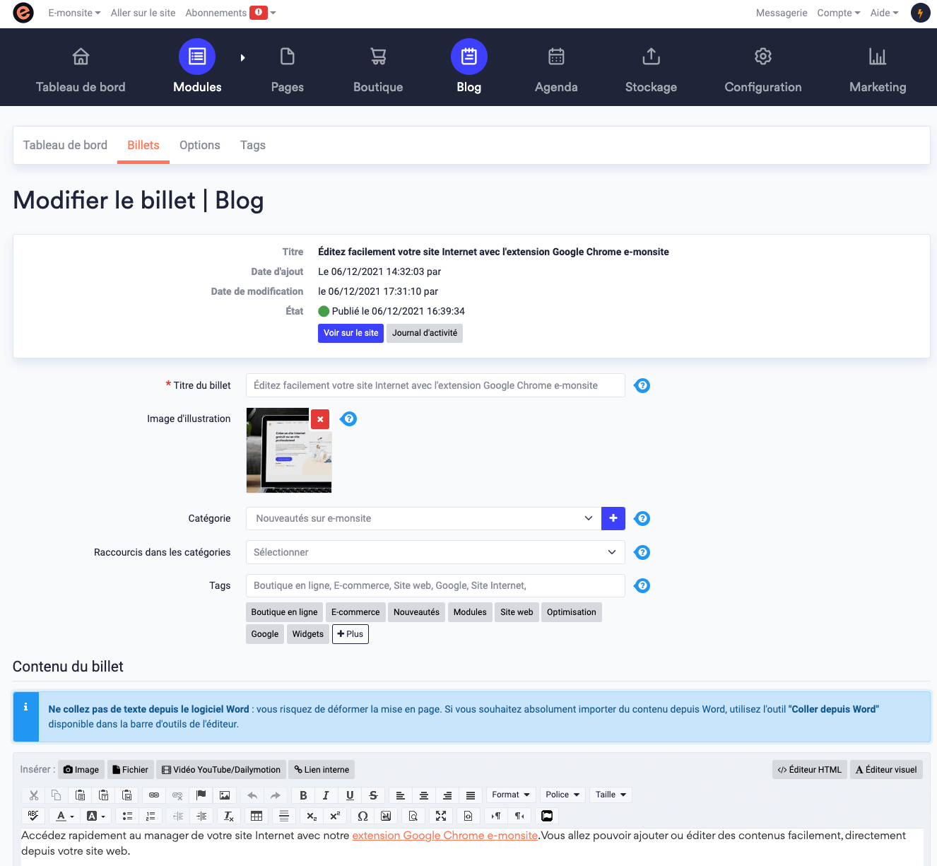 Modification rapide contenu extension e monsite