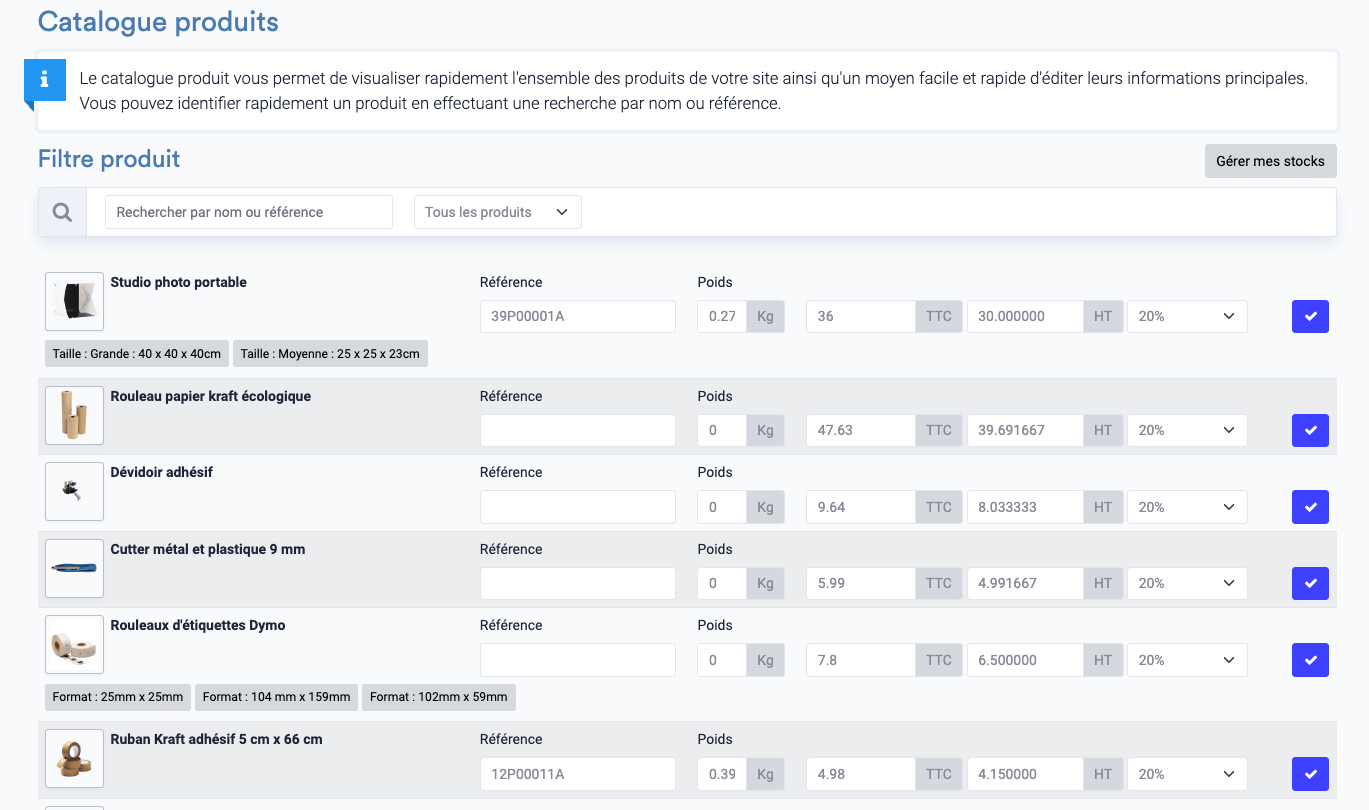 Nouvelle gestion catalogue produits boutique emonsite