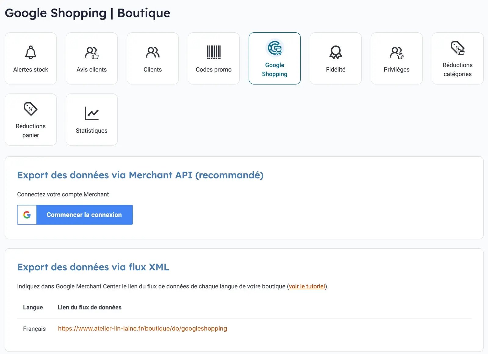 Page Google Shopping du manager e-monsite, dans Boutique › Dynamiser : le bloc Export des données via Merchant API avec le bouton Commencer la connexion, puis le bloc Export des données via flux XML.
