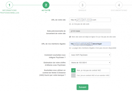 Page d'inscription PayGreen : activité