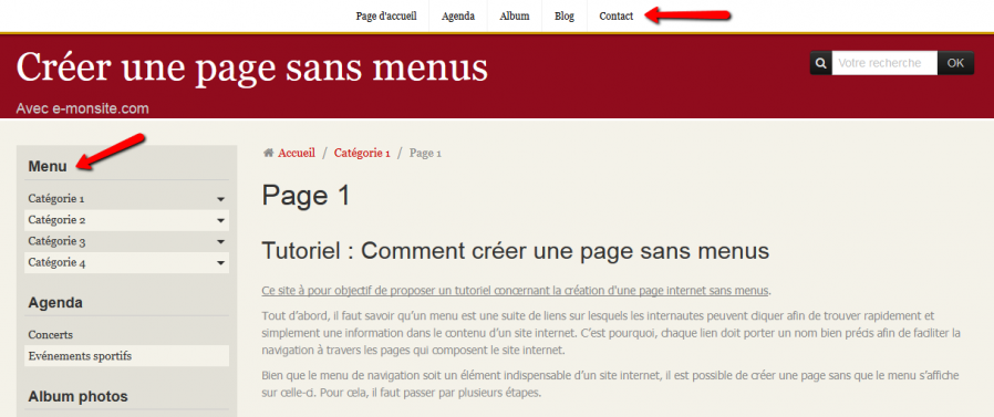 Page avec menus