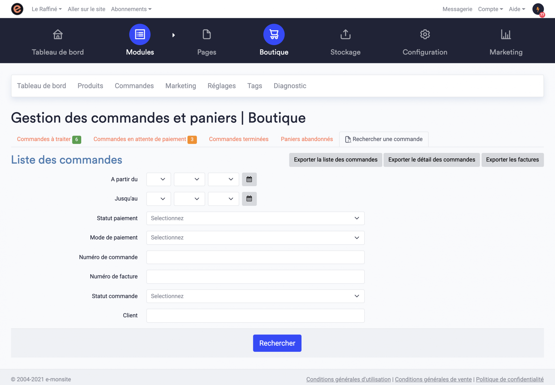 Rechercher commande e commerce