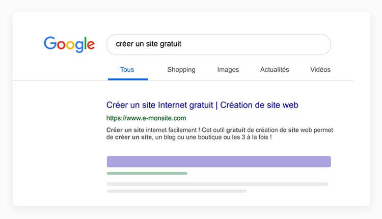 Un site internet e-monsite apparaît dans les résultats de recherche Google